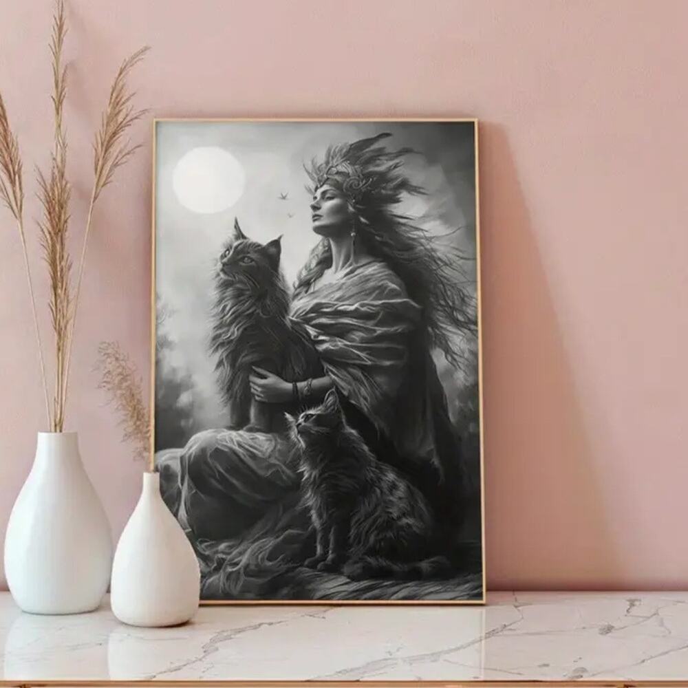 Freya Norse Goddess Art Print 12"×16" Viking Cat Familiar Companion Mythology